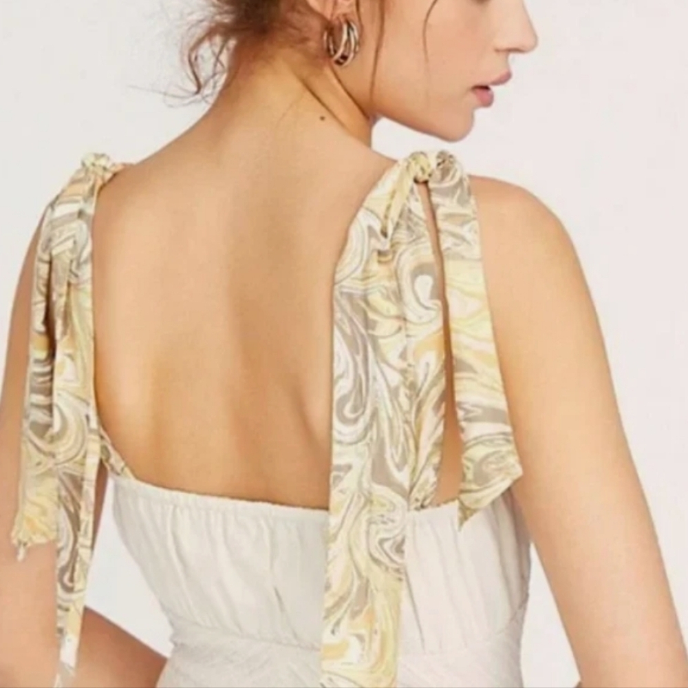 Free People Santorini Midi Dress Pleats Linen Contrast Tie Straps Siz 4 Ecru NWT - Picture 8 of 16